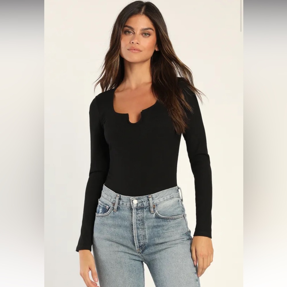 Lulu’s Knotch Neck Black Ribbed Long Sleeve Bodysuit